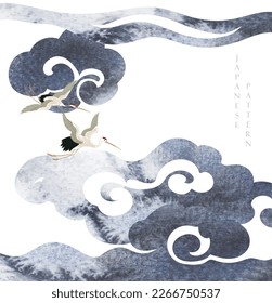 Crane birds element. Black and white brush stroke texture with Japanese chinese cloud pattern in vintage style. Abstract art landscape banner design with watercolor texture vector