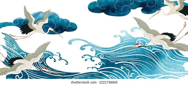 Crane birds element. Blue brush stroke texture with Japanese chinese cloud and hand drawn wave pattern in vintage style. Abstract art landscape banner design with watercolor texture vector.