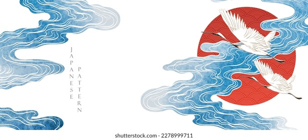 Crane birds element. Chinese cloud decorations with blue watercolor texture in vintage style. Abstract art landscape with red sun with hand drawn wave pattern. Oriental banner design.