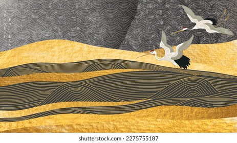 Crane birds element. Chinese decorations with Gold and black watercolor texture in vintage style. Abstract art landscape with river and ocean sea with hand drawn wave elements
