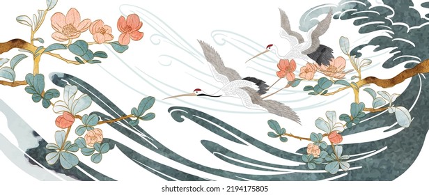 Elementos de aves de corral con fondo japonés. Patrón oriental de olas naturales con decoración oceánica de banner de estilo vintage. Rama de flores con textura de pintura de acuarela.