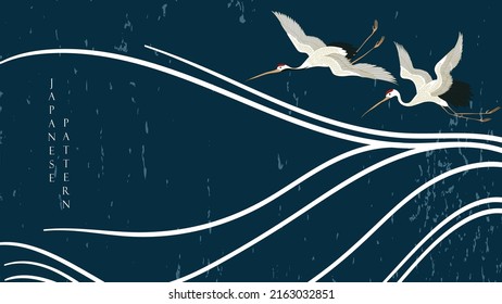 Crane birds element. Japanese wave pattern with hand drawn abstract art background vector. Water surface and ocean elements template in vintage style. Line decoration banner design.