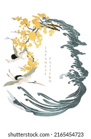 Vector de elemento de aves de corral. Fondo japonés con textura dorada pintando. Patrón oriental de olas naturales con decoración oceánica de banner de estilo vintage. Elemento de patrón floral.