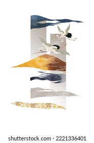 Crane birds elements. Abstract landscape background with watercolor texture vector. Mountain forest banner design with Japanese pattern in vintage style.