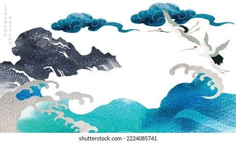 Crane birds elements. Japanese background with blue watercolor texture painting texture. Oriental natural wave pattern with stone and ocean sea decoration banner design in vintage style. 