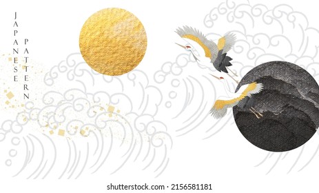 Crane birds with Gold and black texture in circle shape vector. Moon and sun with abstract art hand drawn line pattern in Japanese style. Template design with geometric pattern in vintage style