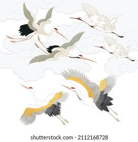 Crane birds hand drawn line elements vector. Oriental animal icon in vintage style.