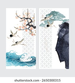Crane birds with hand drawn line wave pattern and tree with rock vector. Abstract template with geometric pattern. Natural layout design in oriental style