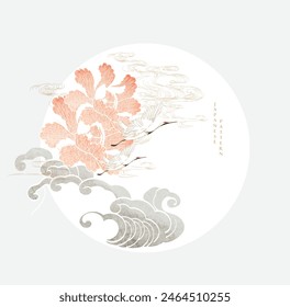 Crane birds iwth ocean sea and peony flower element vector in Japanese style. Logo and background in vintage style