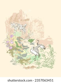 crane birds japanese chinese traditional vector illustration card background colorful watercolor ink textured