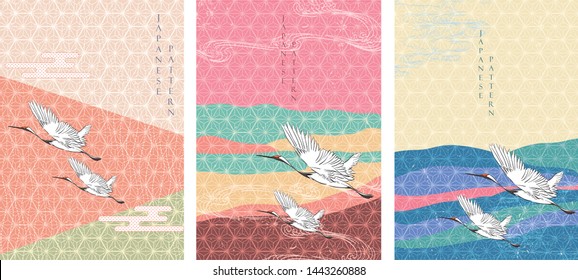 Crane birds with Japanese pattern vector. Geometric background with hand draw wave elements.