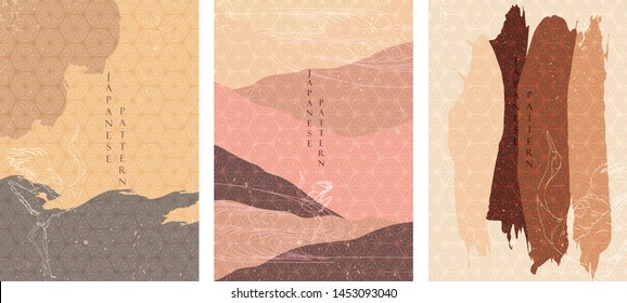 Crane birds with Japanese pattern vector. Brush stroke and landscape shape elements. Brown abstract background. 