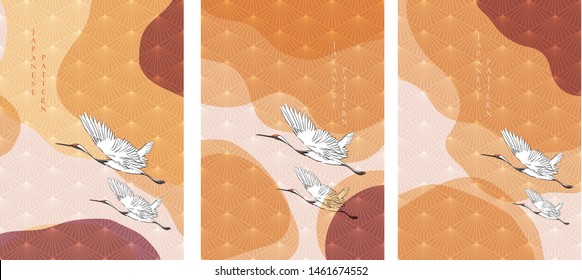 Crane birds with Japanese pattern vector. Geometric orange background.
