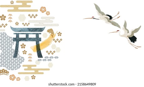 Crane birds with Japanese tradition icon and symbol vector. Wave pattern 
 with watercolor texture card design. Bamboo, carp fish, cherry blossom flower, brush stroke, element.