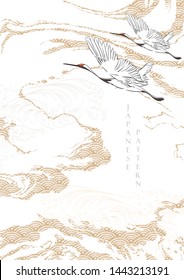 Crane birds with Japanese wave pattern vector. Traditional background in Asian style.