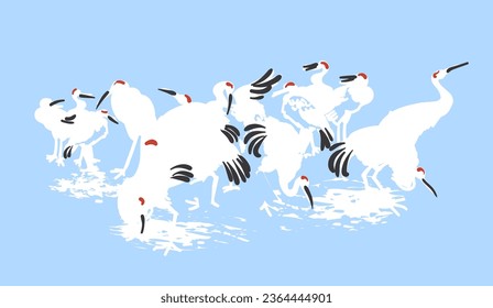 crane birds pastel japanese chinese traditional vector illustration card background colorful watercolor ink textured korean