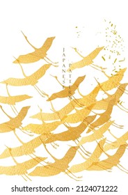 Crane birds pattern with gold texture in Japanese style vector. Nature art background invitation card template in vintage style.