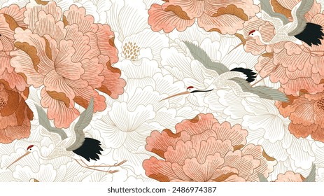 Aves grullas con Vector de flores de peonía. Fondo japonés con textura de acuarela. Patrón natural oriental con diseño de Anuncio de decoración floral en estilo vintage. 