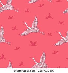 Crane Birds in Pink Flying Vector Seamless Pattern