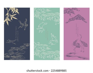 Crane birds, Rabbit, Bamboo leaves and Bonsai tree decoration greeting card in vintage style. Abstract art landscape with hand drawn line chinese cloud elements