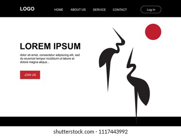 crane birds and red sun. illustrative landing page template