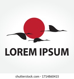 Crane birds and red sun, vector 