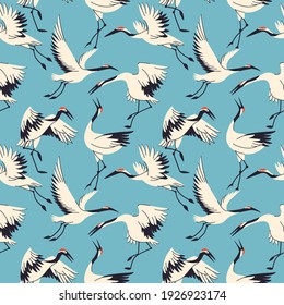 Crane birds seamless pattern vector illustration. Traditional Japanese animal texture design. Asian culture sign background. 