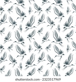 Crane birds seamless pattern.  Vector background with oriental motives. Japanese art for  textile, texture and wrapping paper.