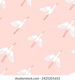Crane birds, seamless pattern. White feathered herons flock flying, endless background design. Winged egrets soaring, gliding in sky, repeating print. Flat vector illustration for textile, wrapping