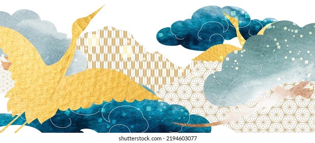 Crane birds silhouette  with Chinese cloud decorations. Colorful watercolor texture with geometric pattern in vintage style. Abstract art landscape wall art design.