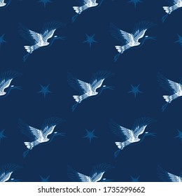 Crane Birds and Stars in Blue Vector Seamless Pattern