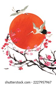 Crane birds vector. Cherry blossom flower and red circle art natural landscape background with watercolor texture vector. Branch with leaves and floral decoration in vintage style. 
