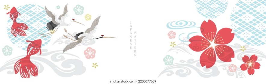 Crane birds vector with cherry blossom flower. Japanese background with red crap fish decoration pattern vector. Geometric banner design with abstract art elements New year card in vintage style.