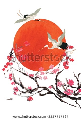 Crane birds vector. Cherry blossom flower and red circle art natural landscape background with watercolor texture vector. Branch with leaves and floral decoration in vintage style. 
