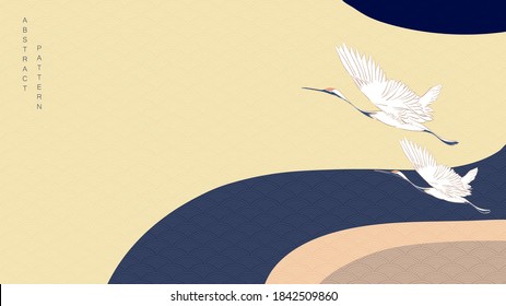 Crane birds vector with curve background. Japanese wave pattern with wavy banner. 