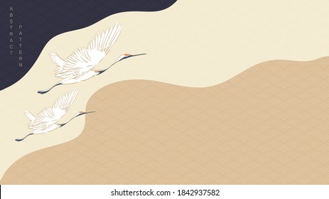 Crane birds vector with curve background. Japanese wave pattern with wavy element. 