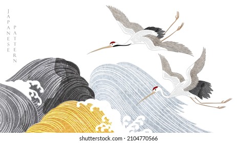 Crane birds vector. Japanese background with gold and black texture painting texture. Oriental natural wave pattern with ocean sea decoration banner design in vintage style.