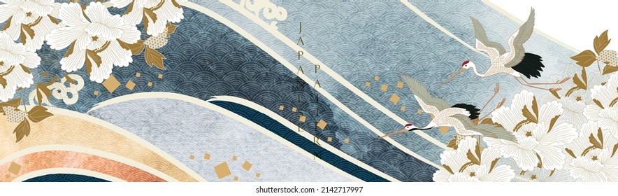 Crane birds vector. Japanese background with watercolor texture painting texture. Oriental natural wave pattern with ocean sea decoration banner design in vintage style. Peony floral pattern. - Shutterstock ID 2142717997