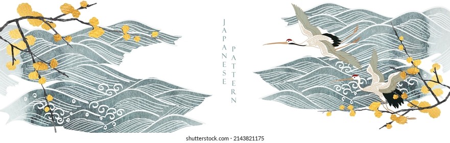 Crane birds vector. Japanese background with gold and black texture painting texture. natural wave pattern with hand drawn ocean sea decoration banner design in vintage style.