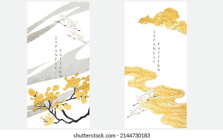 Crane birds vector. Japanese background with gold and black texture painting texture. Oriental natural wave pattern with ocean sea decoration card design in vintage style. Abstract art banner.