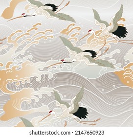 Vector de aves de corral con fondo japonés. Elementos de onda dibujados a mano con un patrón inquebrantable en el océano oriental.  Diseño de pancartas de arte abstracto en estilo vintage. 