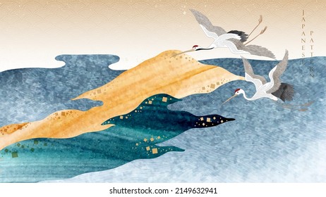 Crane birds vector. Japanese background with watercolor painting texture . Oriental natural wave pattern with ocean sea decoration banner design in vintage style. brush stroke element.