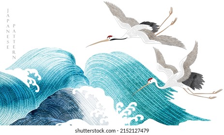 Vector de aves de corral. fondo japonés con textura azul y gris pintada. Patrón oriental de olas naturales con decoración oceánica de banner de estilo vintage.