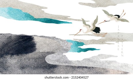 Vector de aves de corral. Fondo japonés con textura de pintura de color agua. Patrón oriental de olas naturales con decoración oceánica de banner de estilo vintage. Resumen del elemento de patrón de arte.