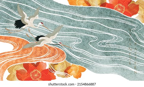 Crane birds vector. Japanese background with watercolor texture painting texture. Oriental natural wave pattern with ocean sea decoration banner design in vintage style. Red floral pattern element.