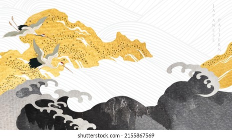 Crane birds vector. Japanese background with watercolor texture painting texture. Oriental natural wave pattern with gold ocean sea decoration banner design in vintage style. 