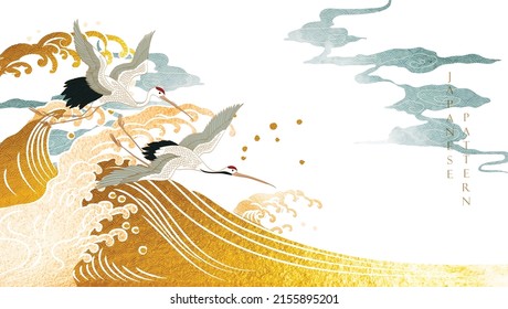 Crane birds vector. Japanese background with watercolor texture painting texture. Oriental natural wave pattern with ocean sea decoration banner design in vintage style. Gold texture and blue color. - Shutterstock ID 2155895201