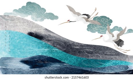 Crane birds vector. Japanese background with watercolor texture painting texture. Oriental natural wave pattern with ocean sea decoration banner design in vintage style. Mountain forest banner design