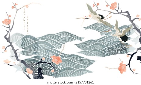 Crane birds vector. Japanese background with watercolor texture painting texture. Oriental natural wave pattern with ocean sea decoration banner design in vintage style. Branch of flower element