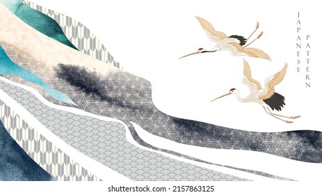 Crane birds vector. Japanese background with watercolor texture painting texture. Oriental natural wave pattern with ocean sea decoration banner design in vintage style. Geometric element.